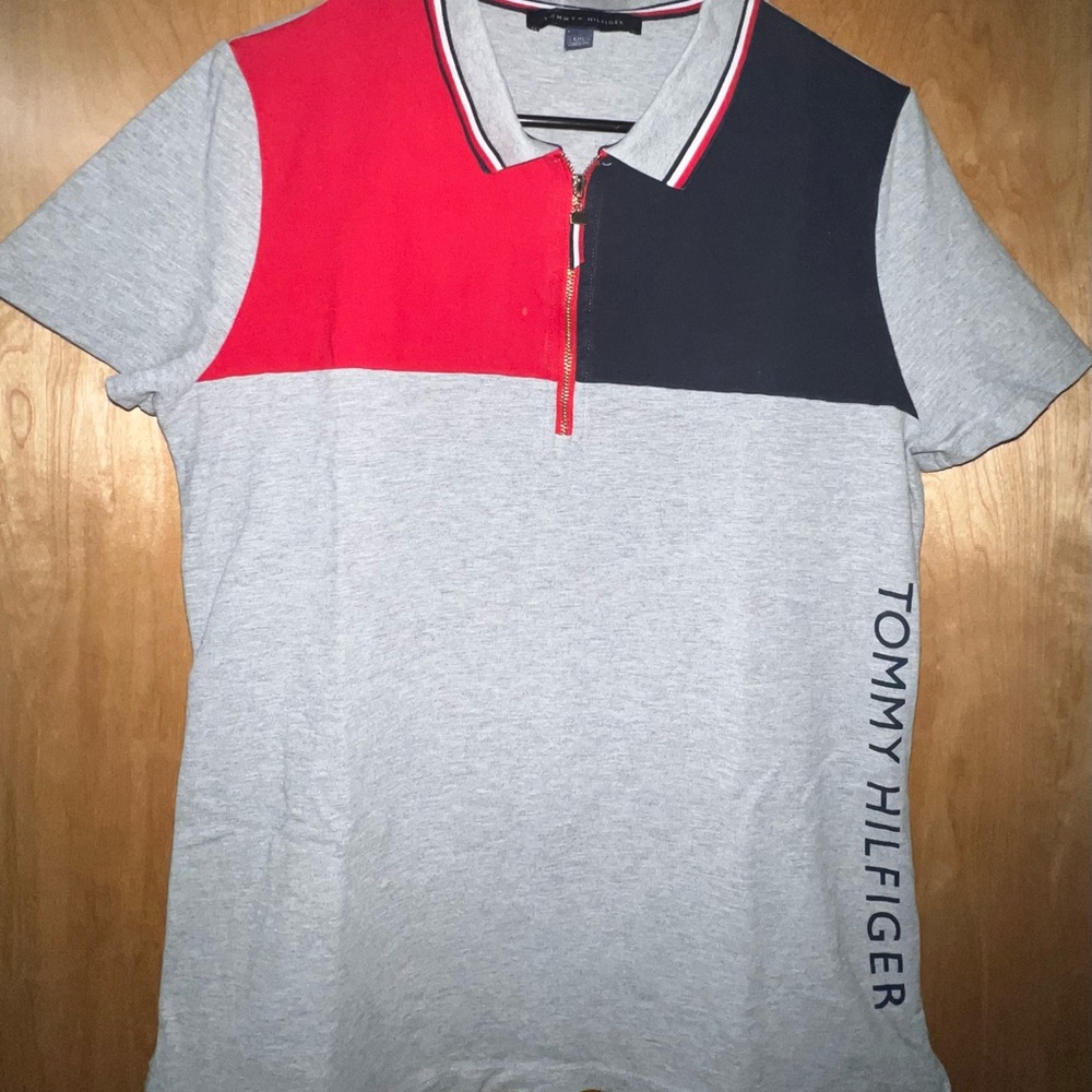Tommy Hilfiger Red Blue and Gray Color Block Zip-up Polo Shirt Womens